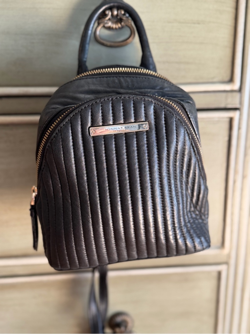 Donna Karan Black Quilted Leather Mini Backpack with Gold Hardware